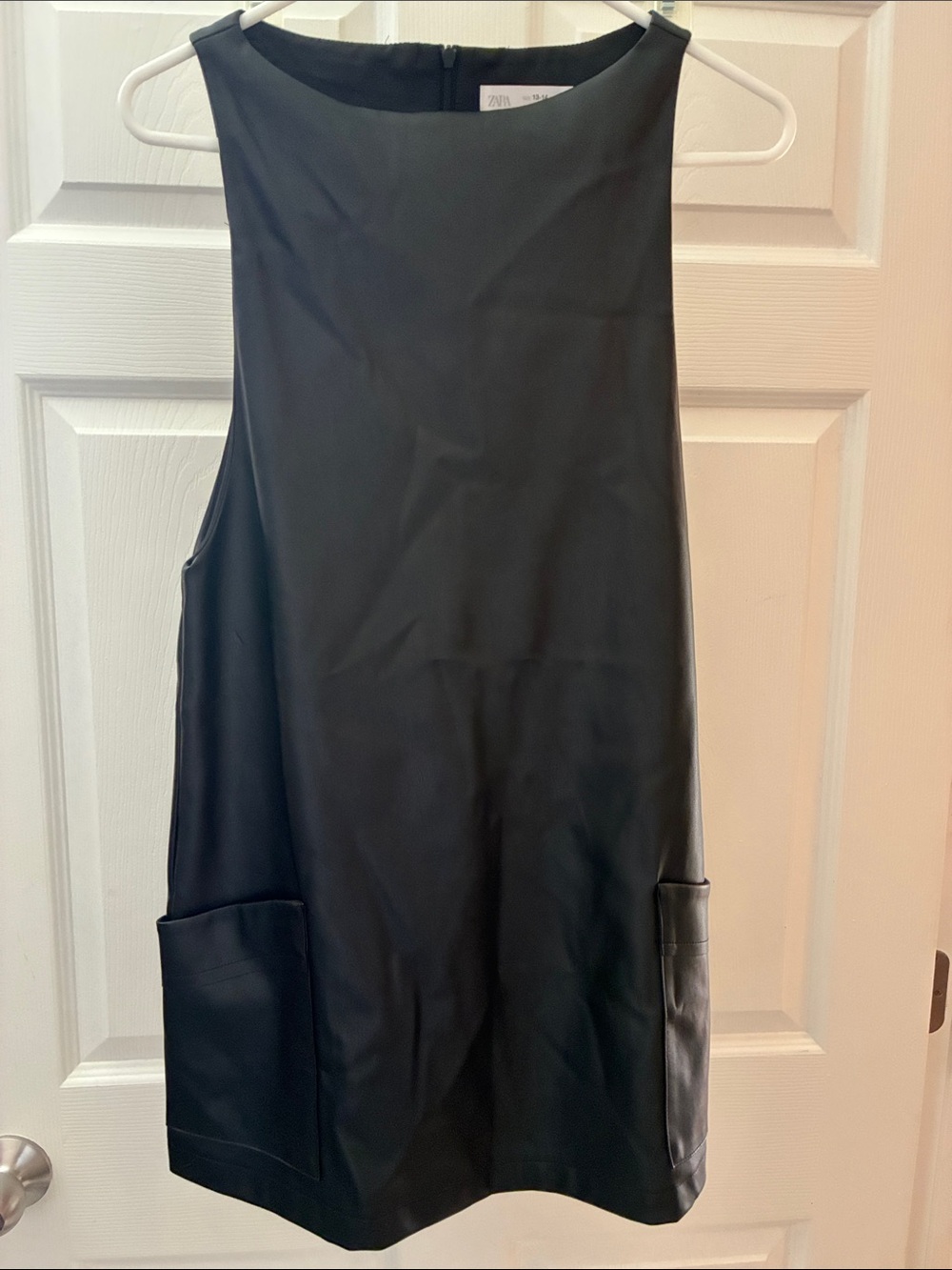 Black Sleeveless Faux-Leather Shift Dress with Front Pockets